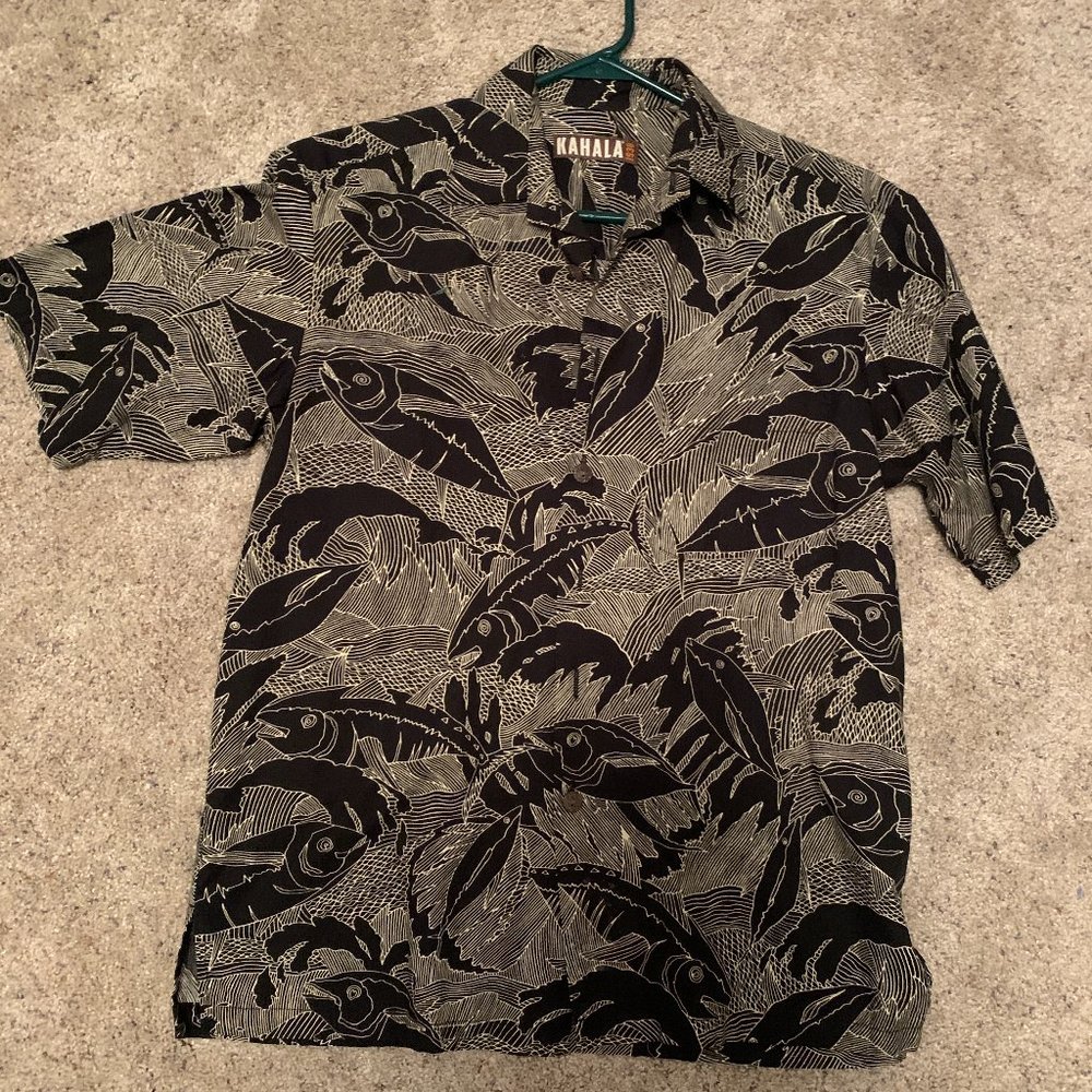 KAHALA 1936 Vintage Hawaiian shirt - Men's Small Black & White Fish Retro